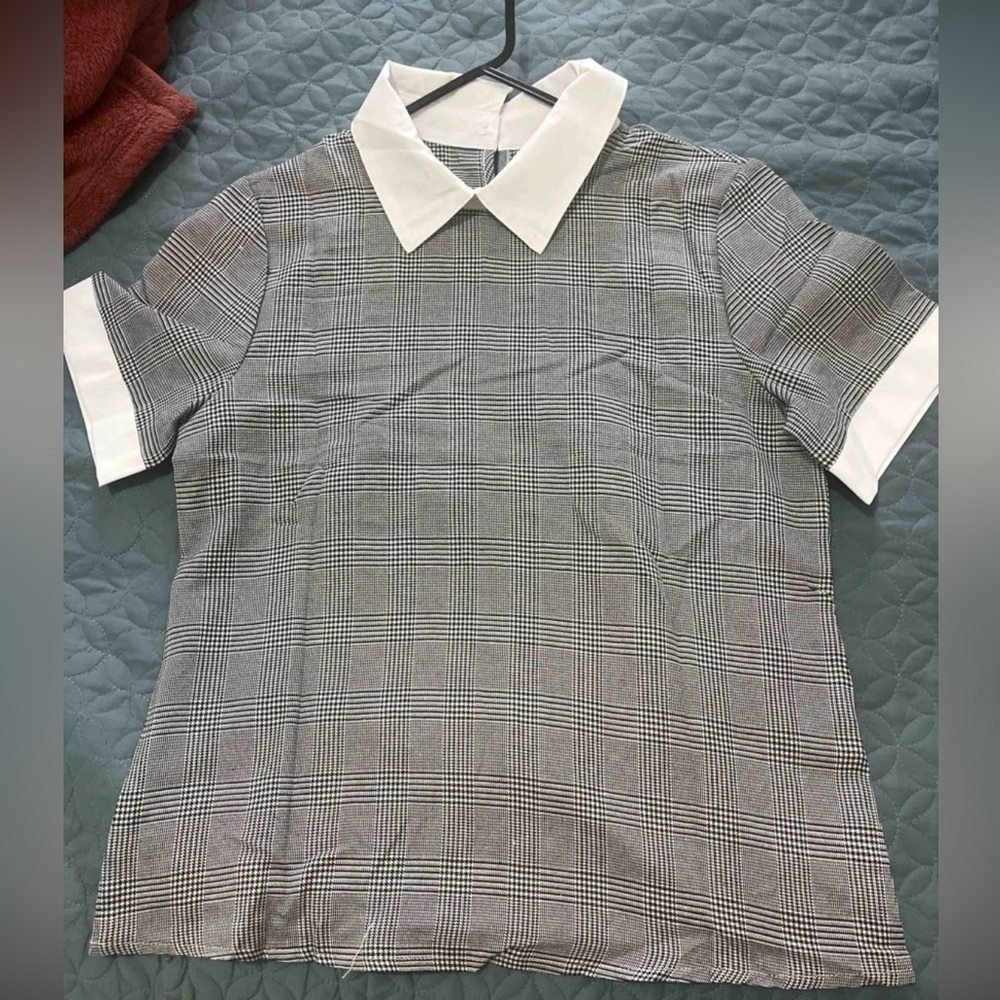 Gray Houndstooth Plaid Blouse Shirt White Collar - Picture 15 of 15